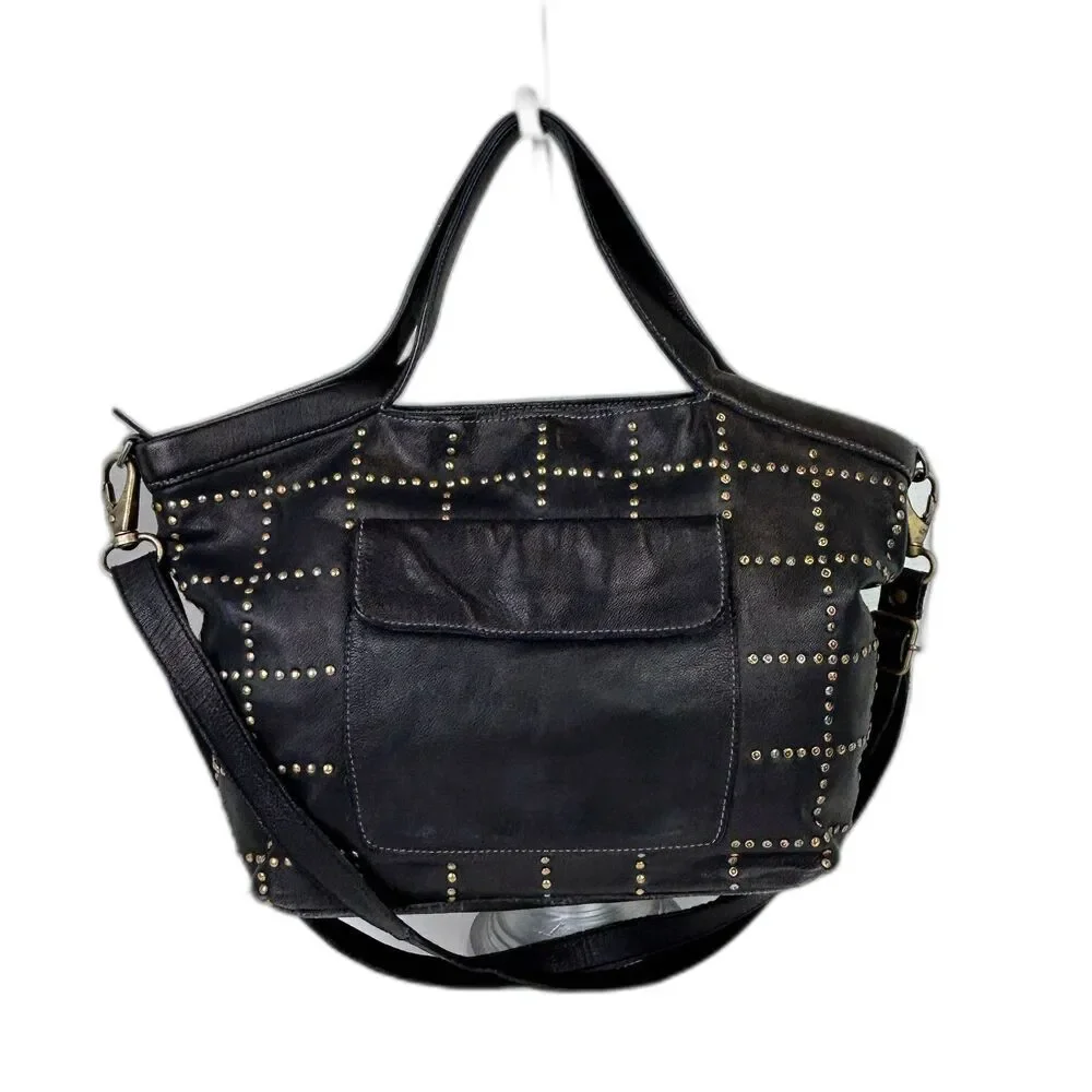 Latico NJ Free People Colin Leather Tote Bag Black Studded Mixed Metal Shoulder